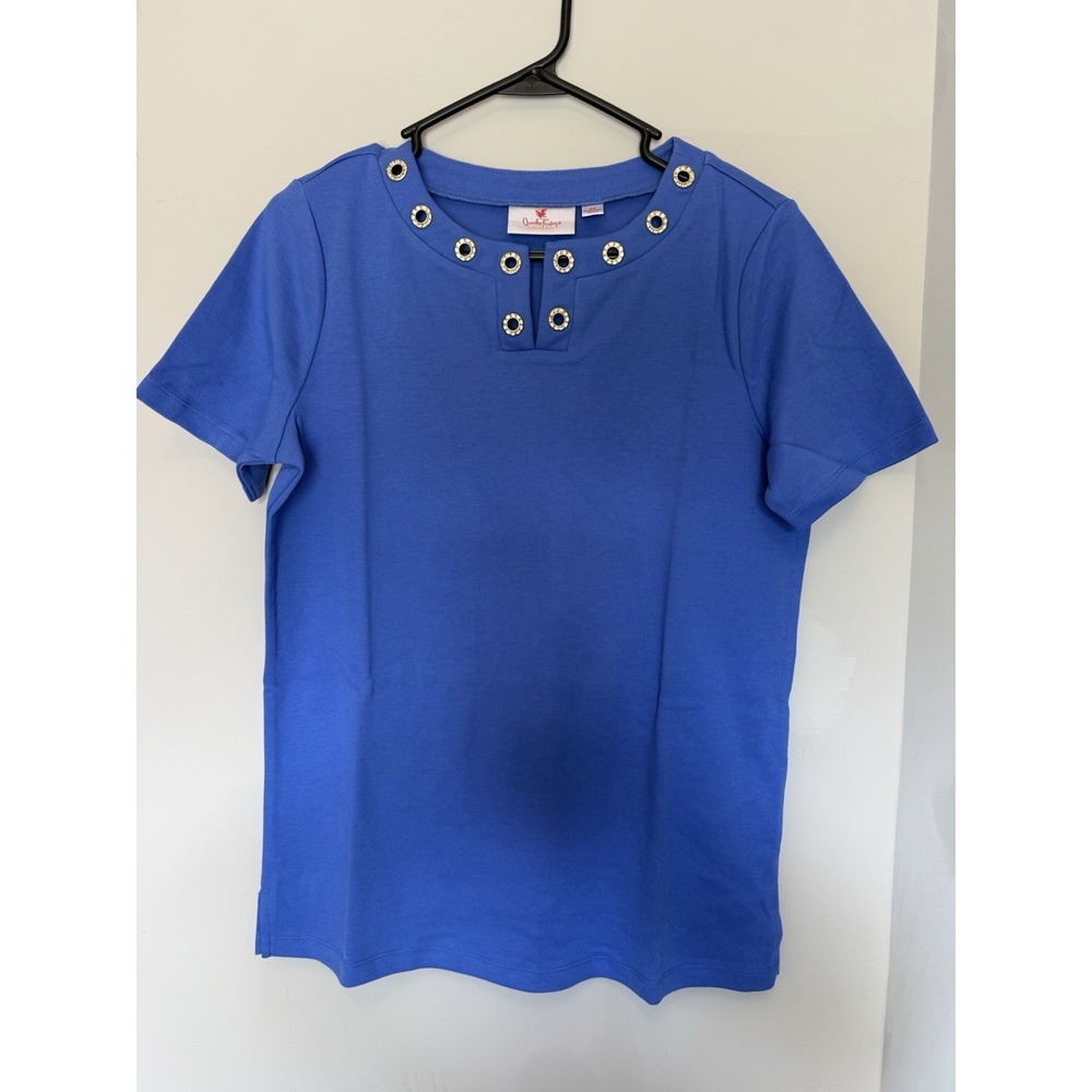 Quacker Factory Women's XS Short Sleeve Shirt Periwinkle Blue NEW QVC Bling Neck